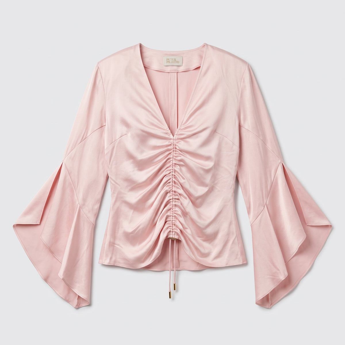 Ruched Silk Bell-Sleeve Blouse