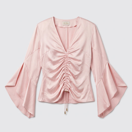 Ruched Silk Bell-Sleeve Blouse