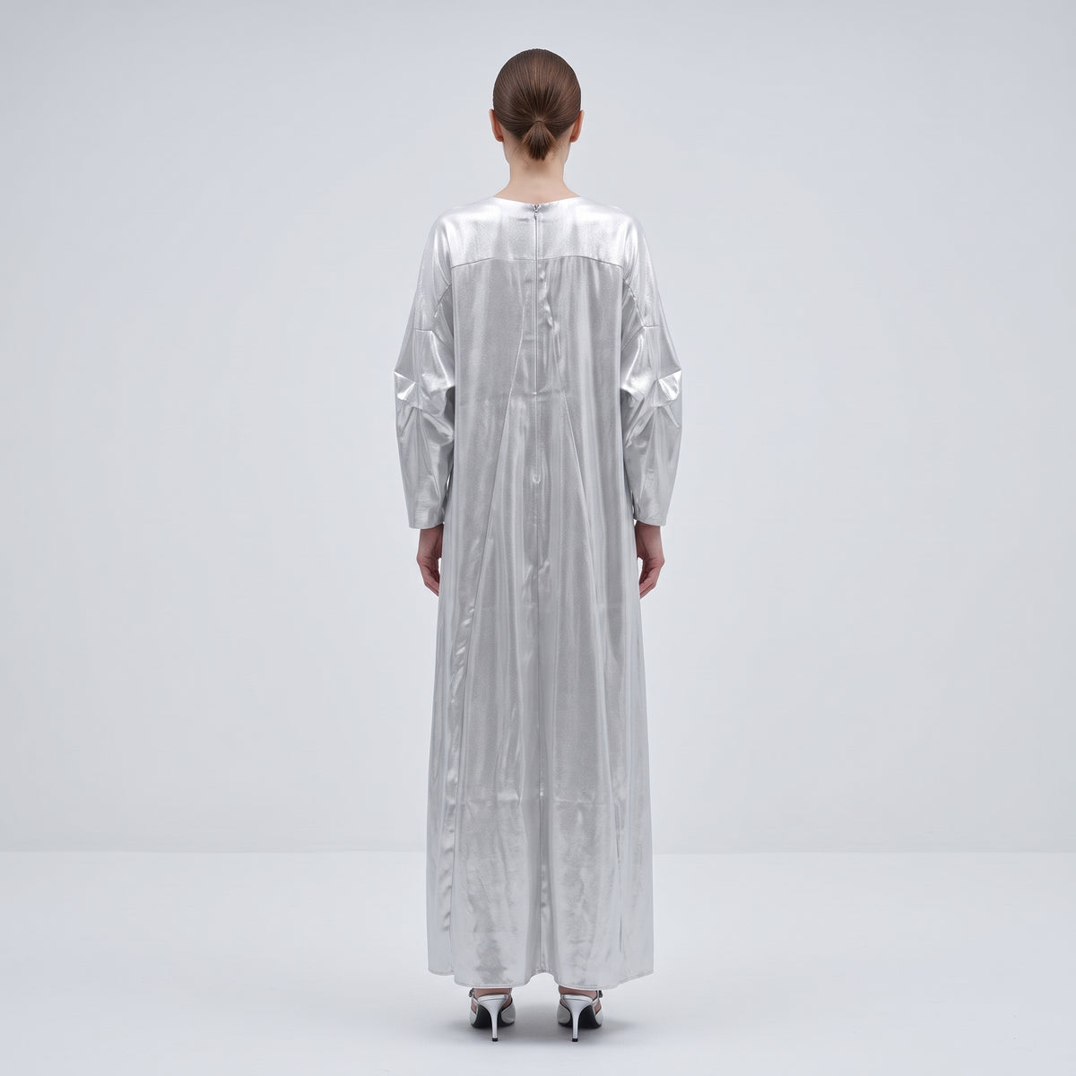 Metallic Silver Pleated Midi Dress