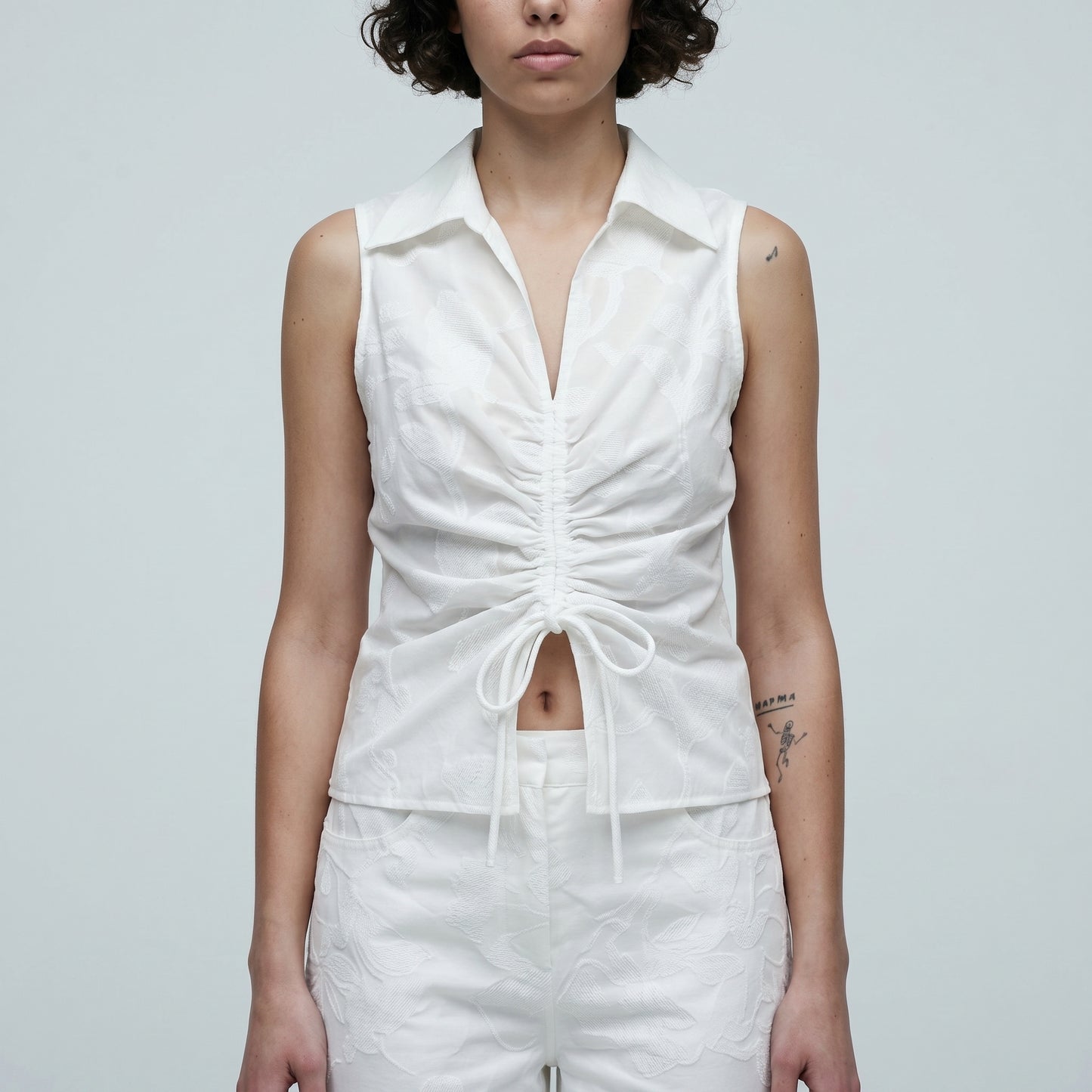 Ruched Collared Sleeveless Blouse