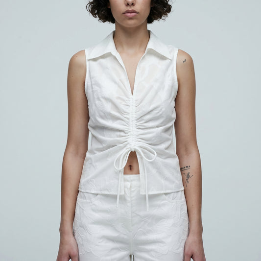 Ruched Collared Sleeveless Blouse