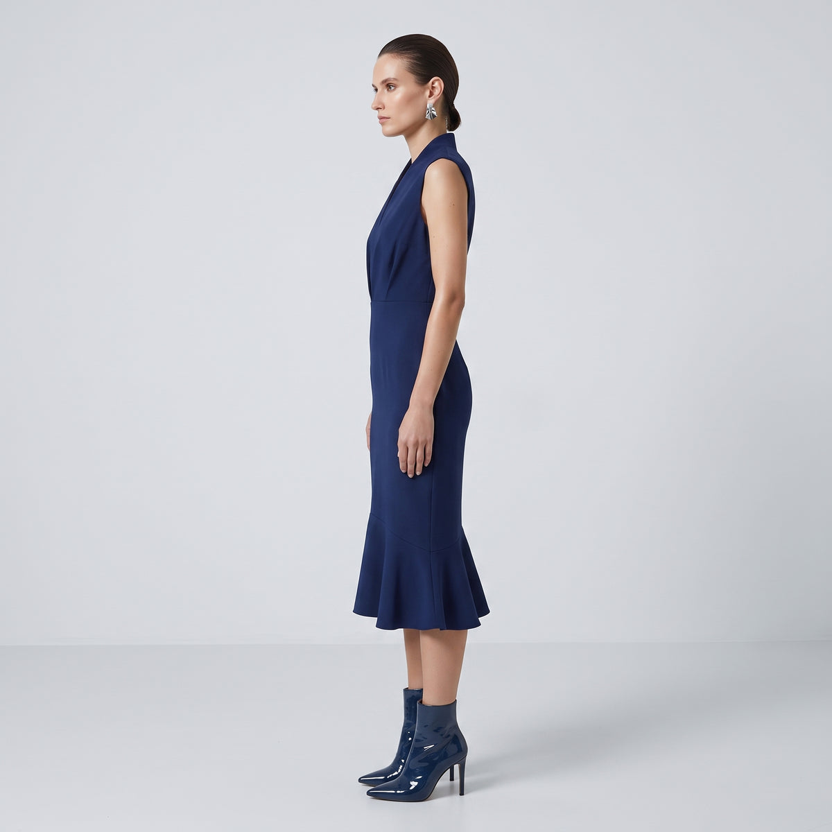 Tailored Navy Peplum Midi Dress