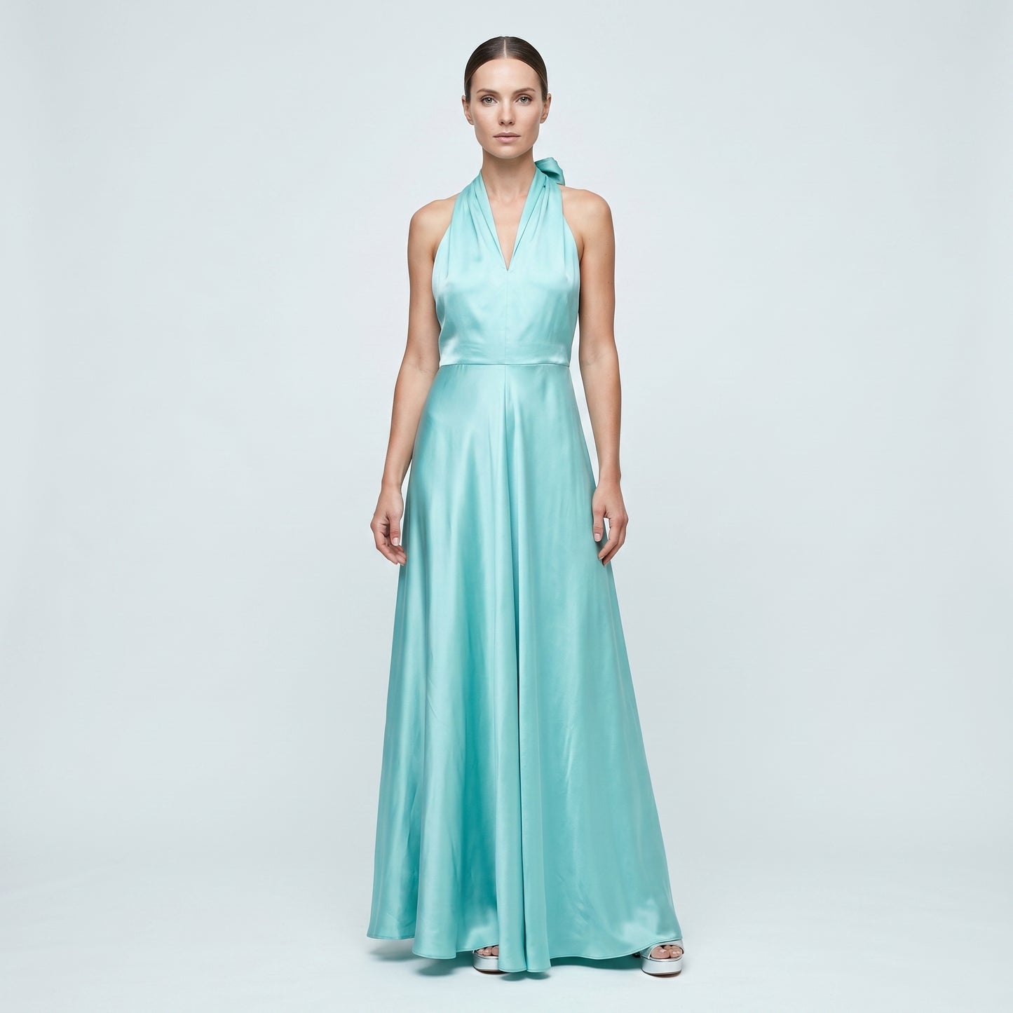Turquoise Satin Halter Maxi Dress