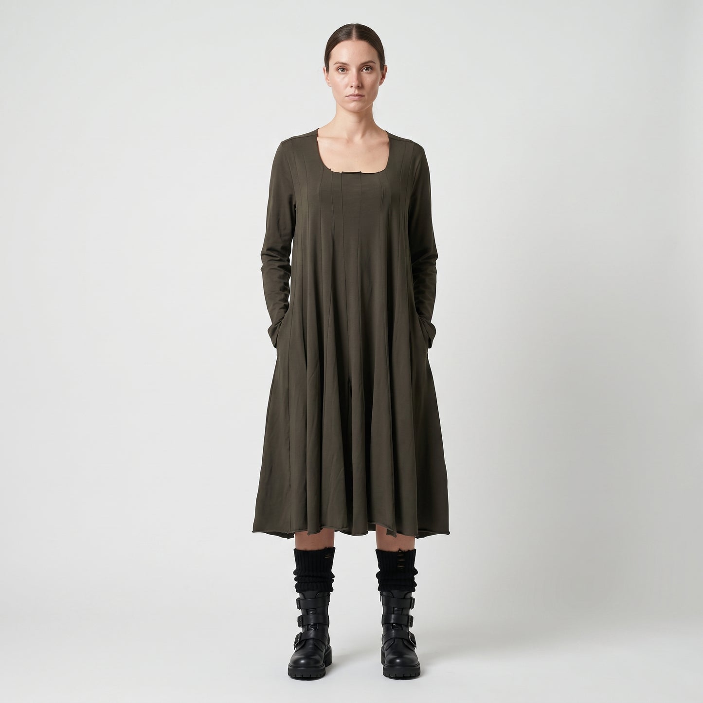 Paneled Long Sleeve Swing Dress