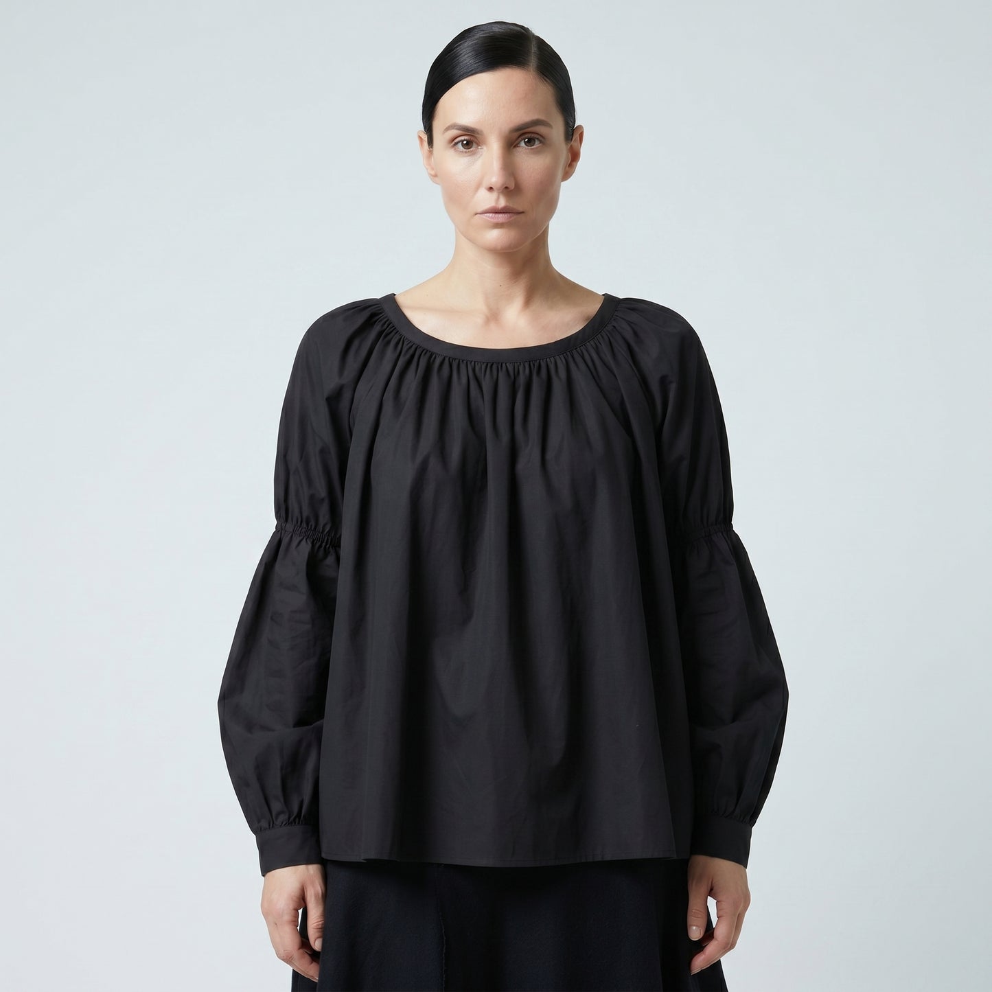 Black Gathered Balloon Sleeve Blouse