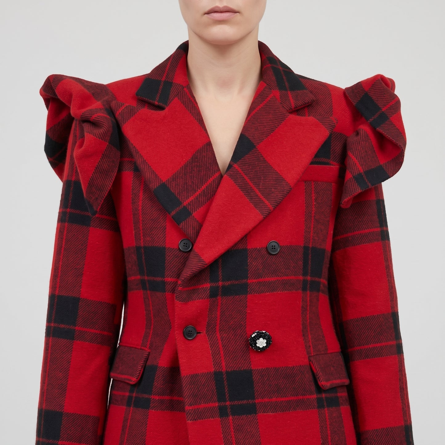 Red Tartan Ruffle Shoulder Blazer
