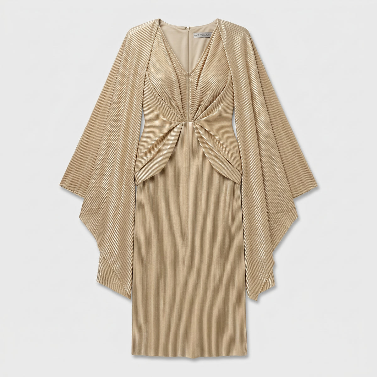 Metallic Pleated Cape Midi Dress