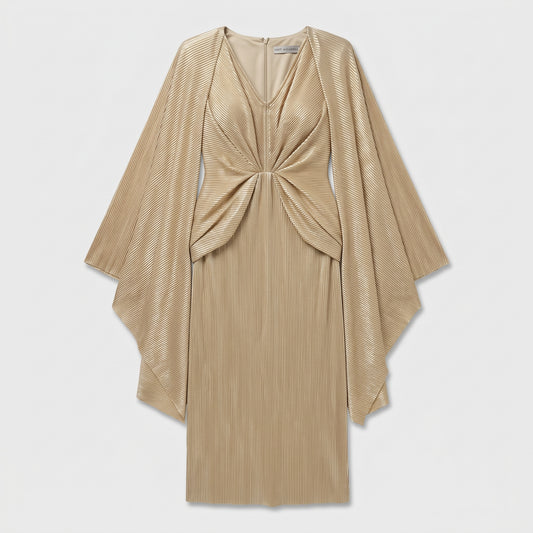 Metallic Pleated Cape Midi Dress