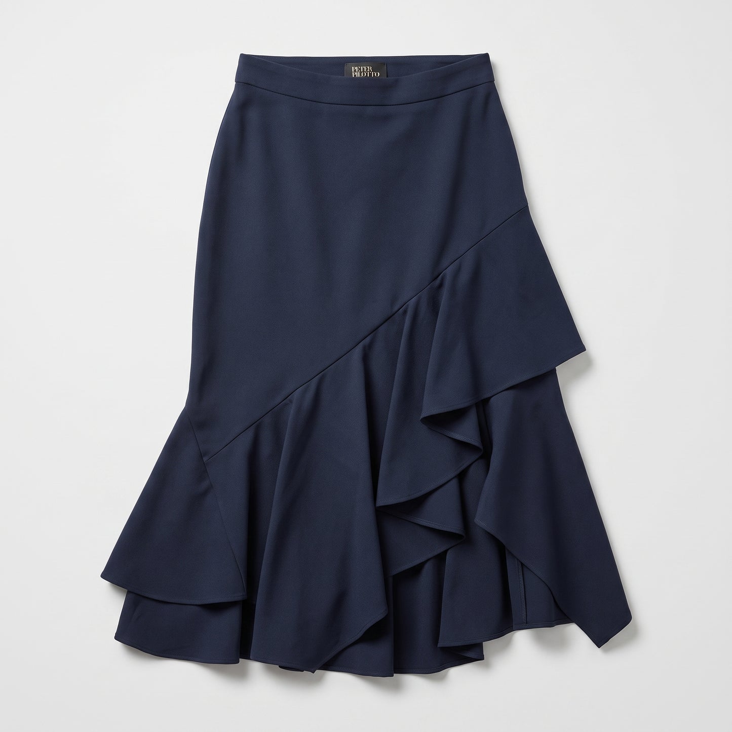Navy Asymmetric Ruffle Midi Skirt