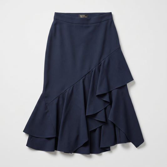 Navy Asymmetric Ruffle Midi Skirt