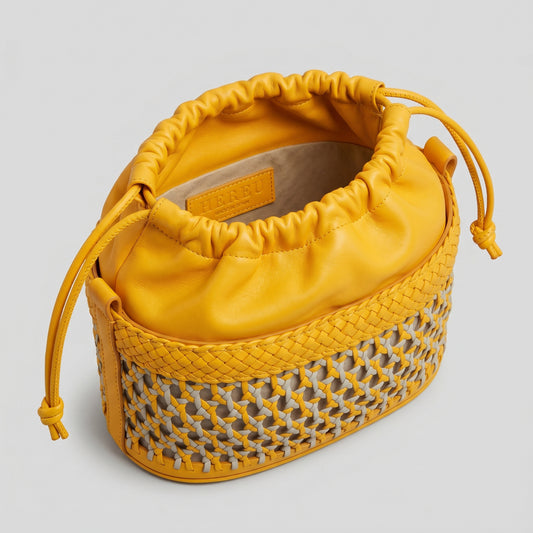 Woven Leather Drawstring Bucket Bag
