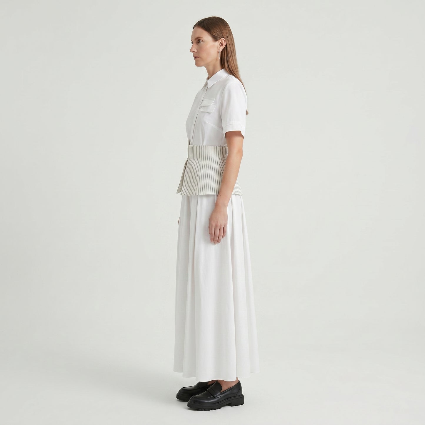 Striped Waist Pleated Shirt Dress