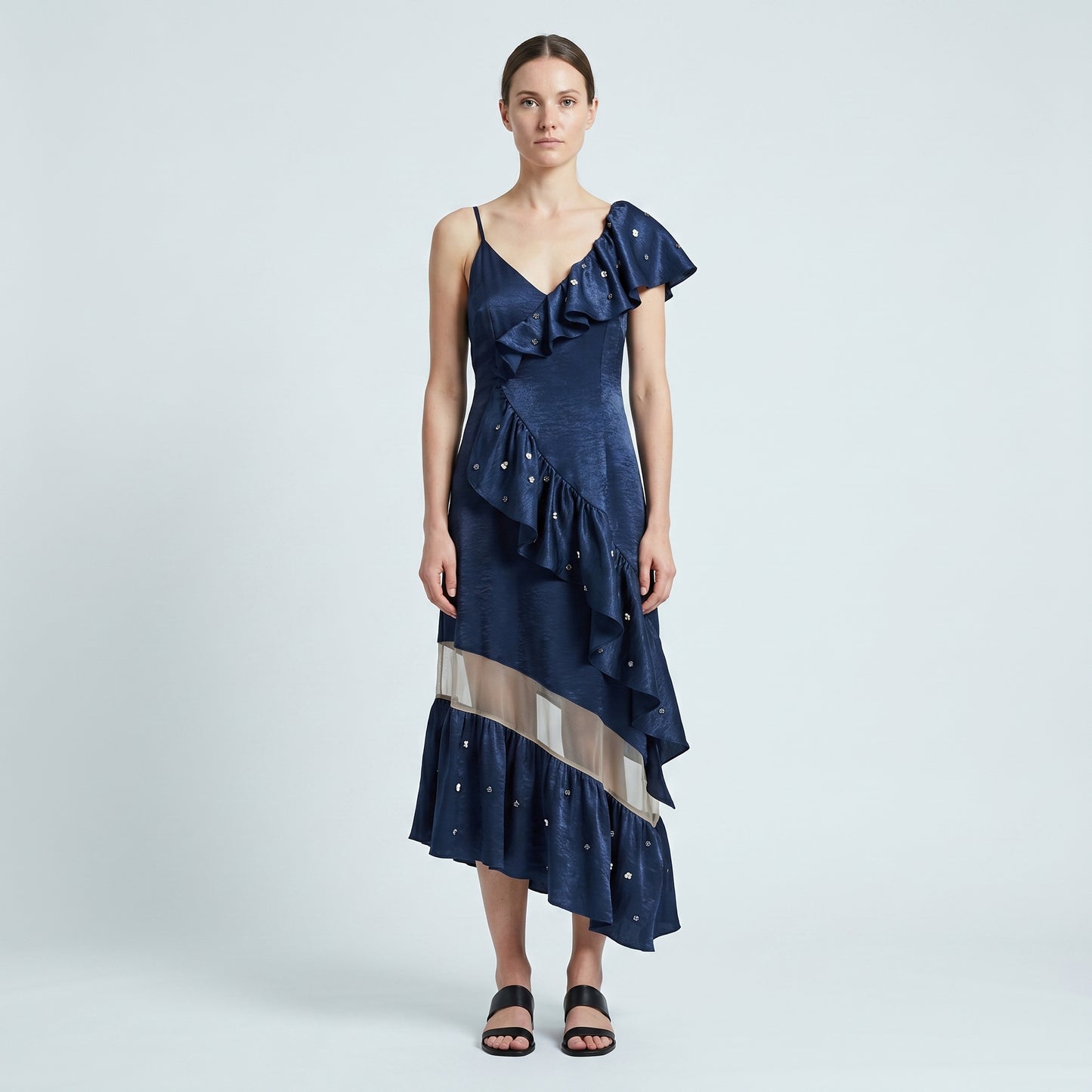 Asymmetric Ruffled Navy Cocktail Dress