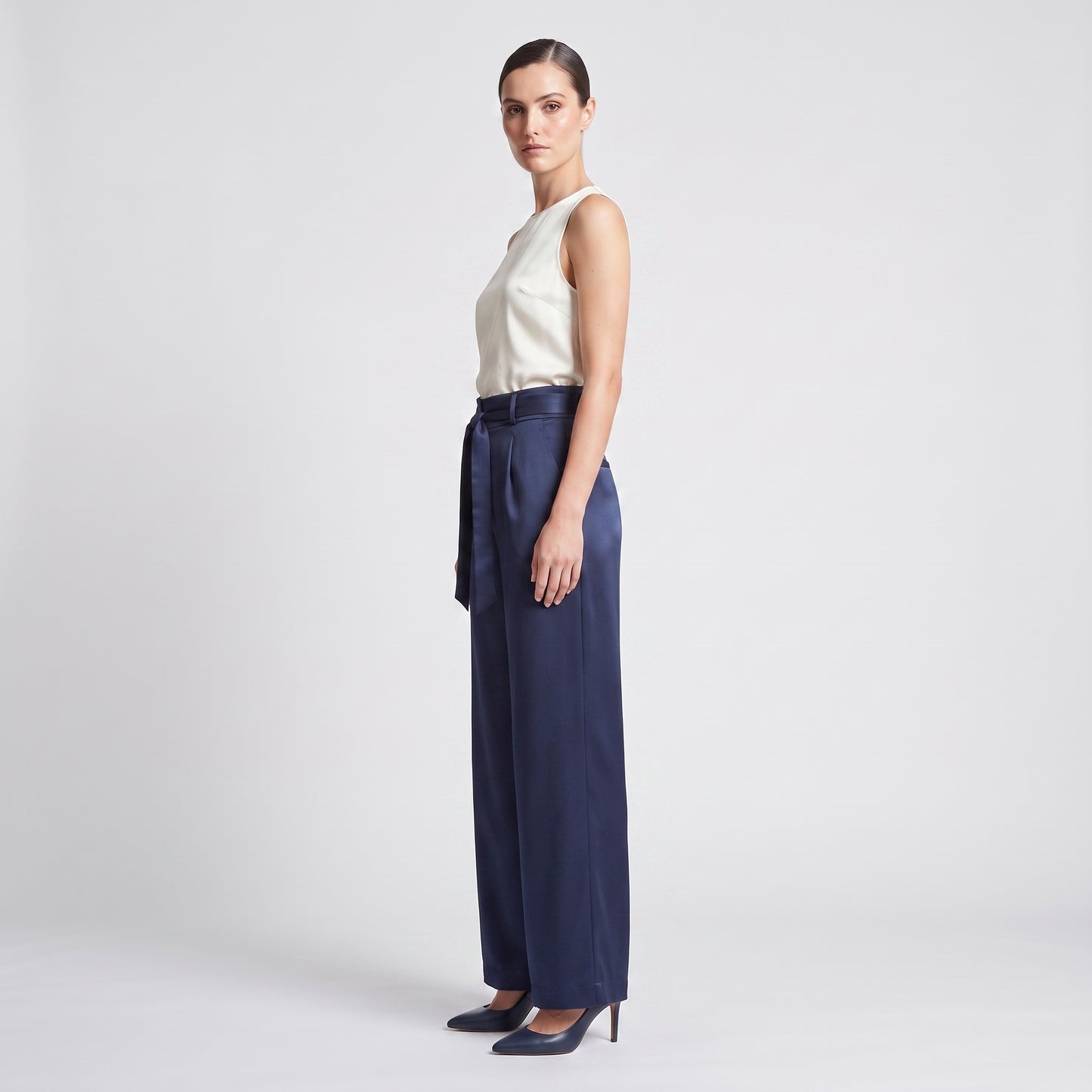 Navy Tie-Waist Wide Leg Trousers