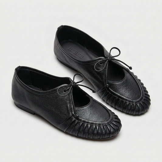 Pleated Leather Lace Up Flats