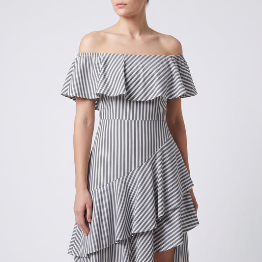 Striped Ruffled Asymmetric Midi Dress