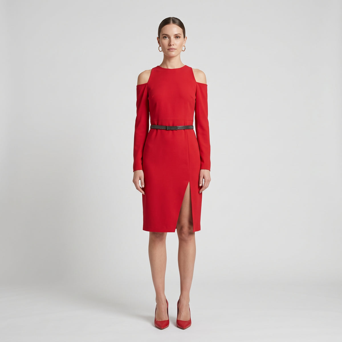 Cold Shoulder Belted Red Dress