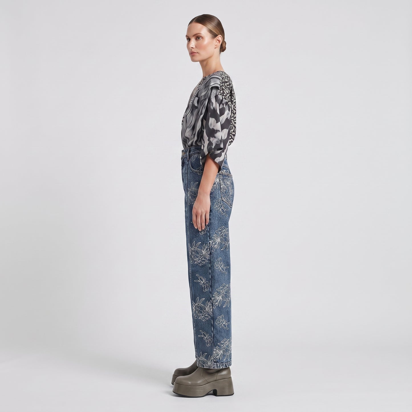 Floral Embroidered Acid Wash Jeans