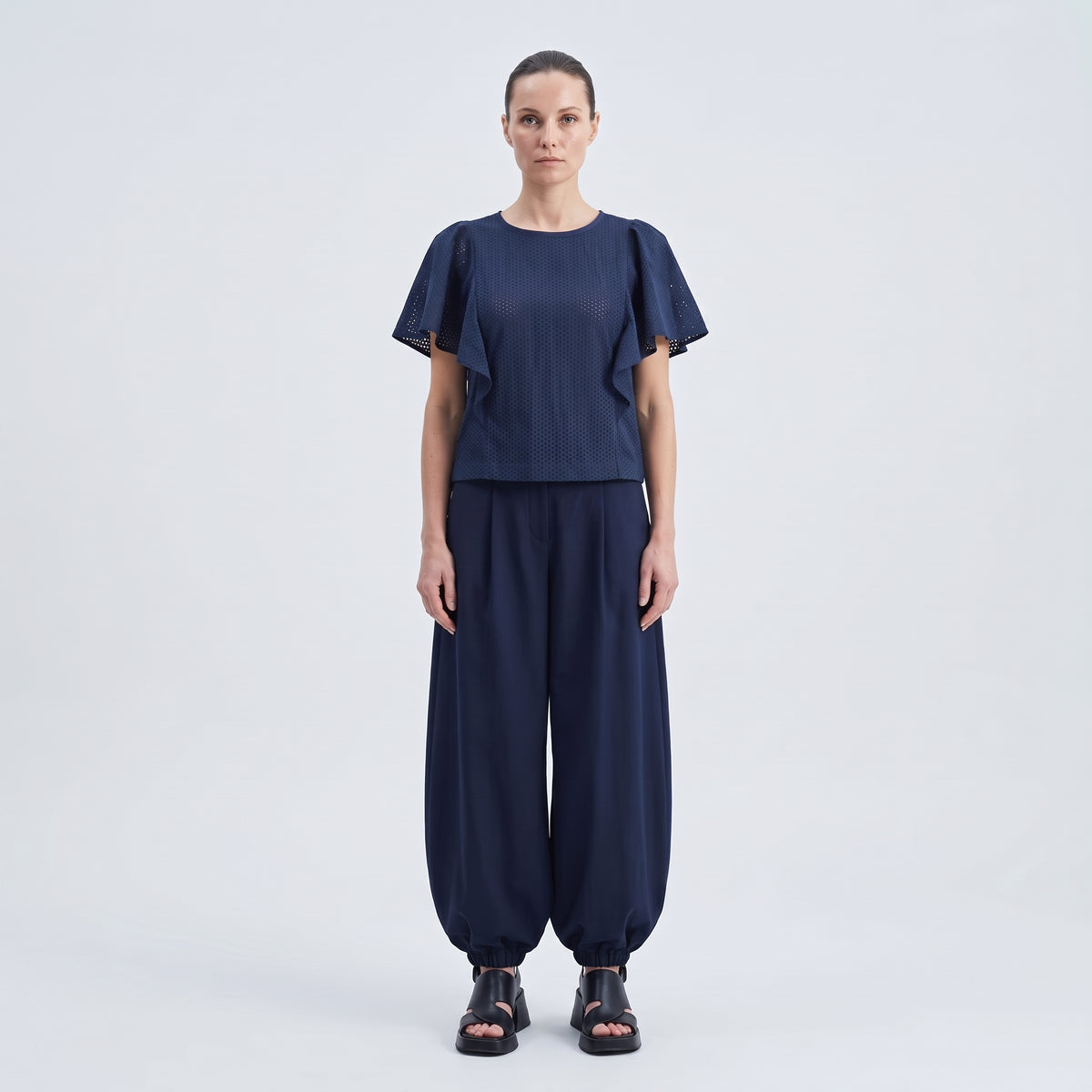 Navy Eyelet Ruffle Sleeve Top