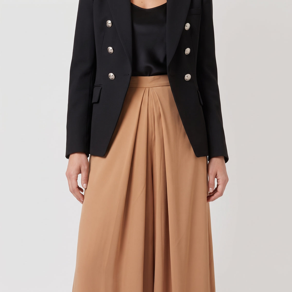 Camel Pleated Wide-Leg Trousers