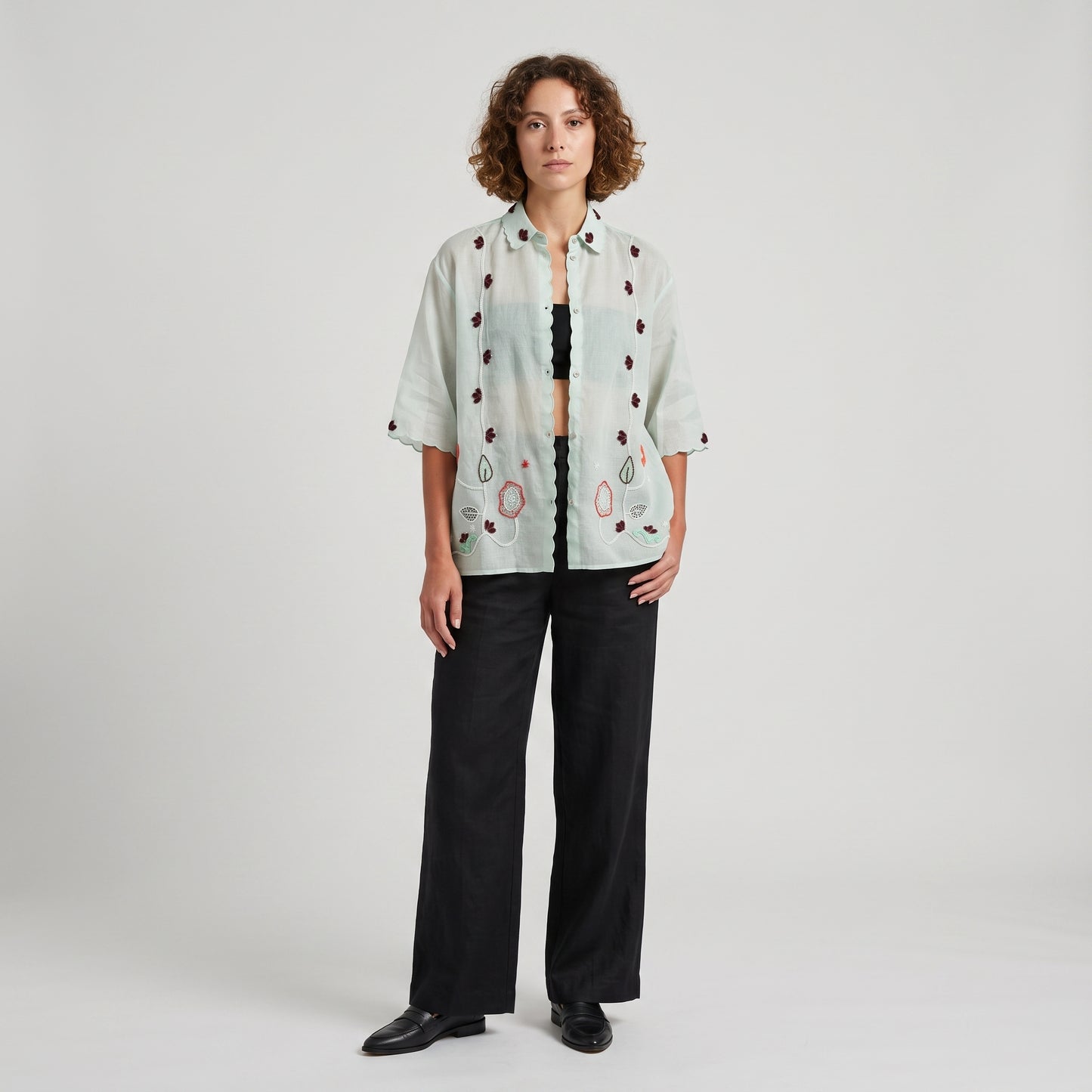 Embroidered Scalloped Linen Shirt