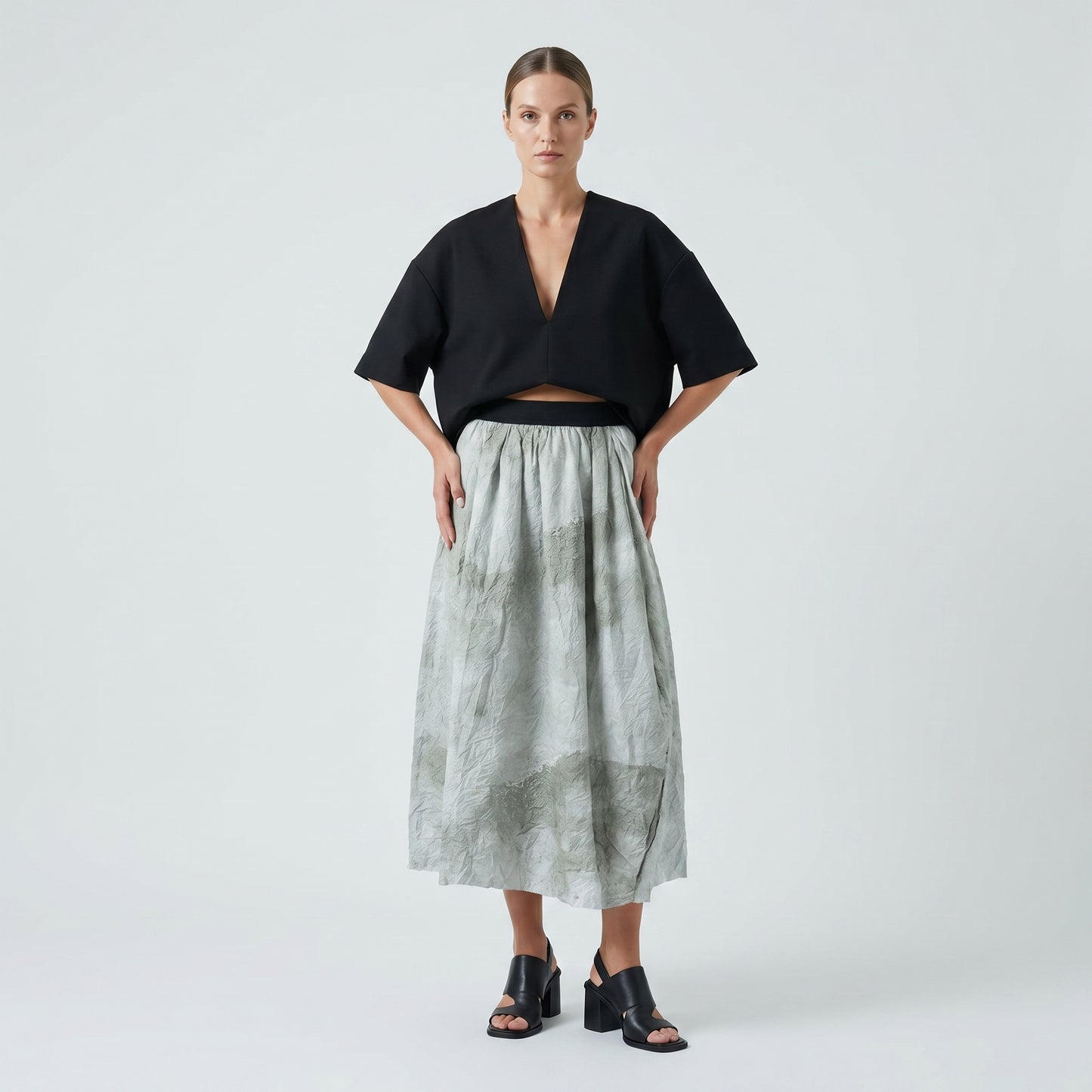 Crinkled Elastic Waist Midi Skirt
