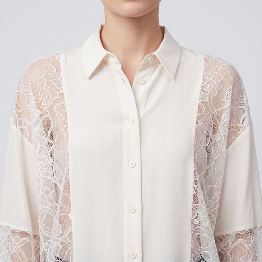 Elegant Lace Panel Button-Down Shirt