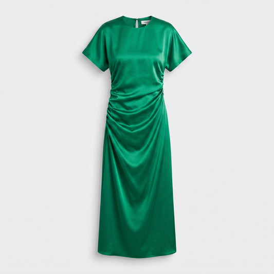 Emerald Ruched Satin Midi Dress