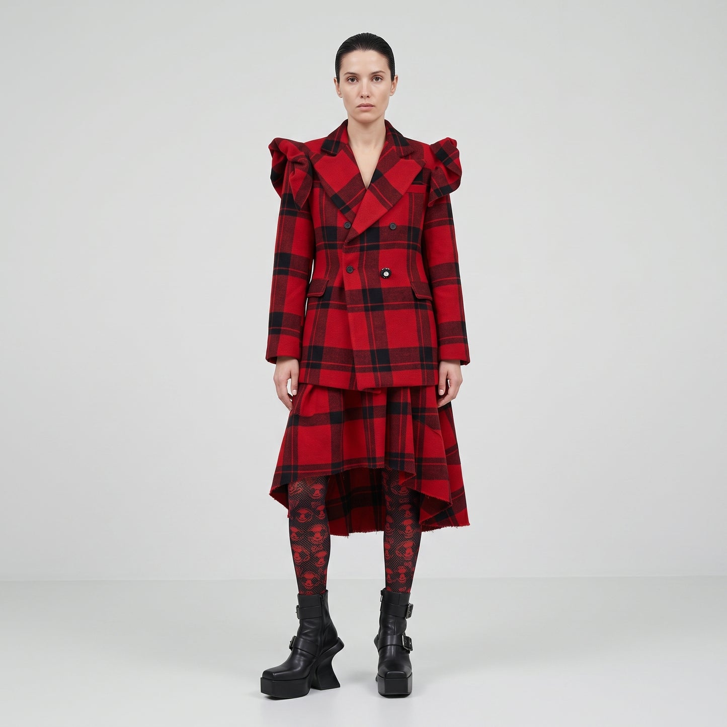 Red Tartan Ruffle Shoulder Blazer