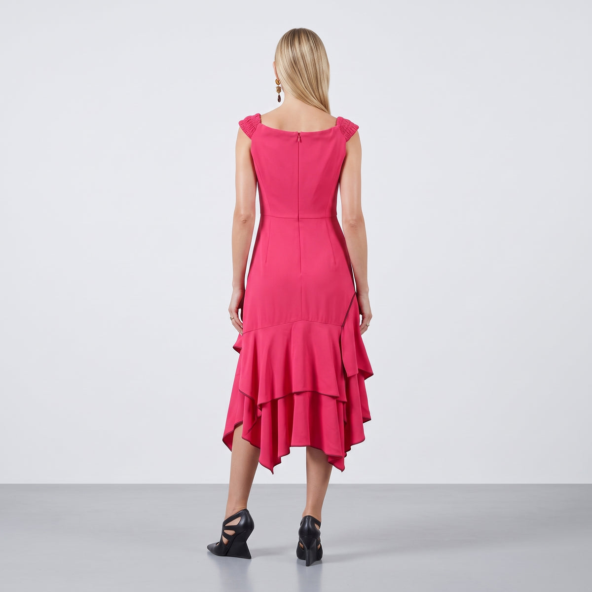Vibrant Asymmetric Ruffle Midi Dress