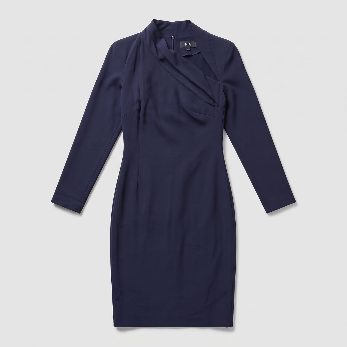 Navy Asymmetric Pleated Sheath Dress