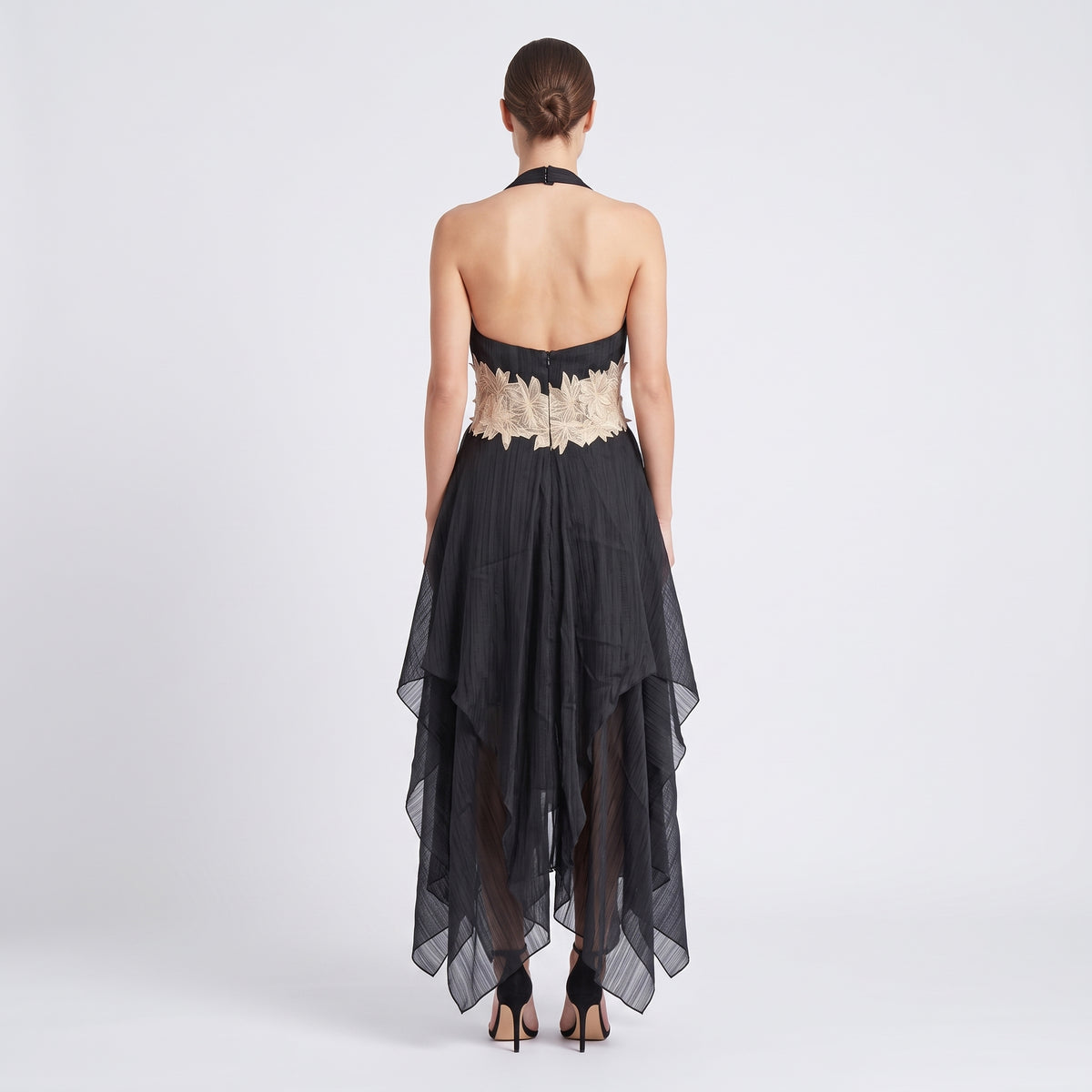 Floral Embellished Asymmetric Halter Dress