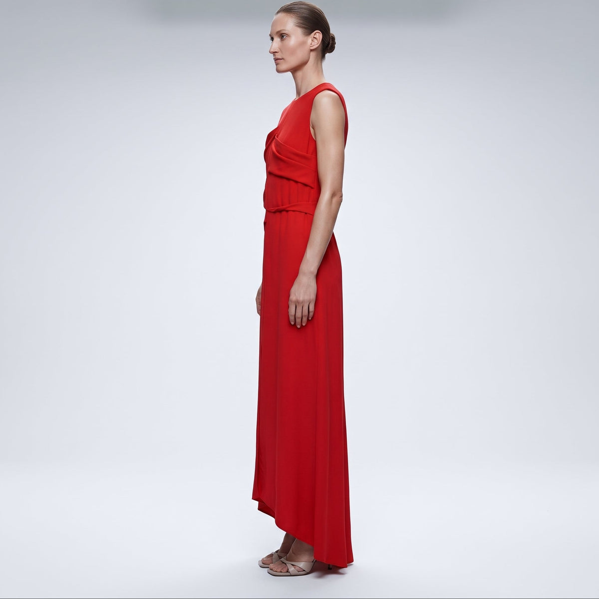 Sleeveless Draped Red Midi Dress