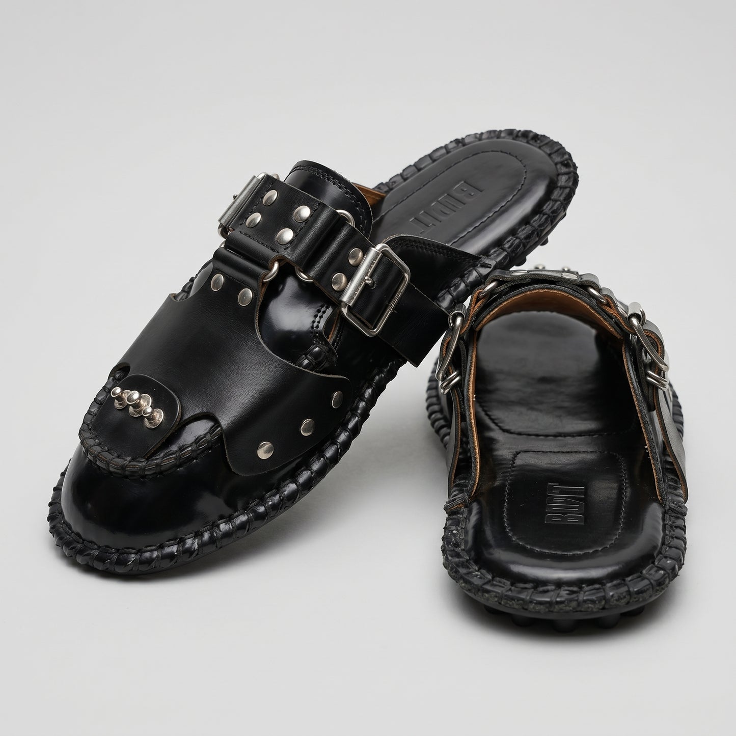 Studded Leather Buckle Mules