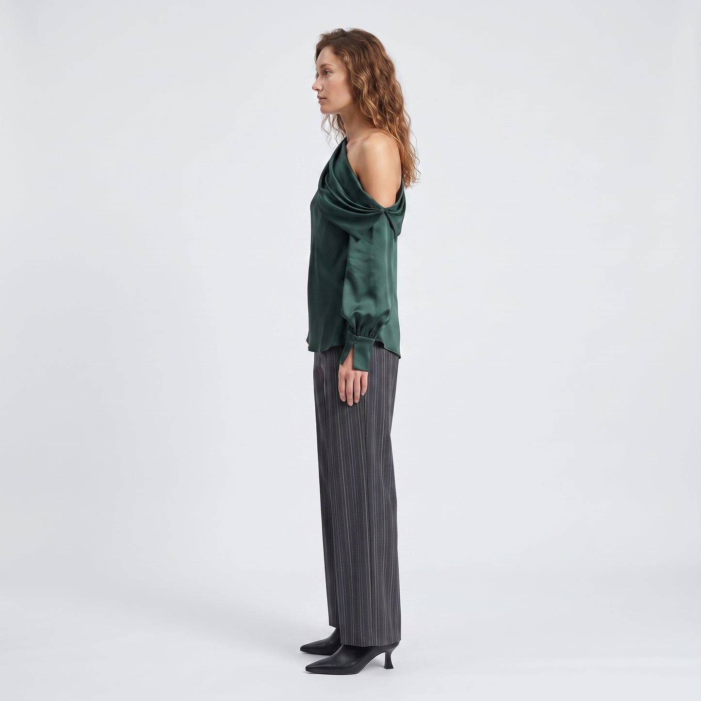 Draped One-Shoulder Satin Blouse