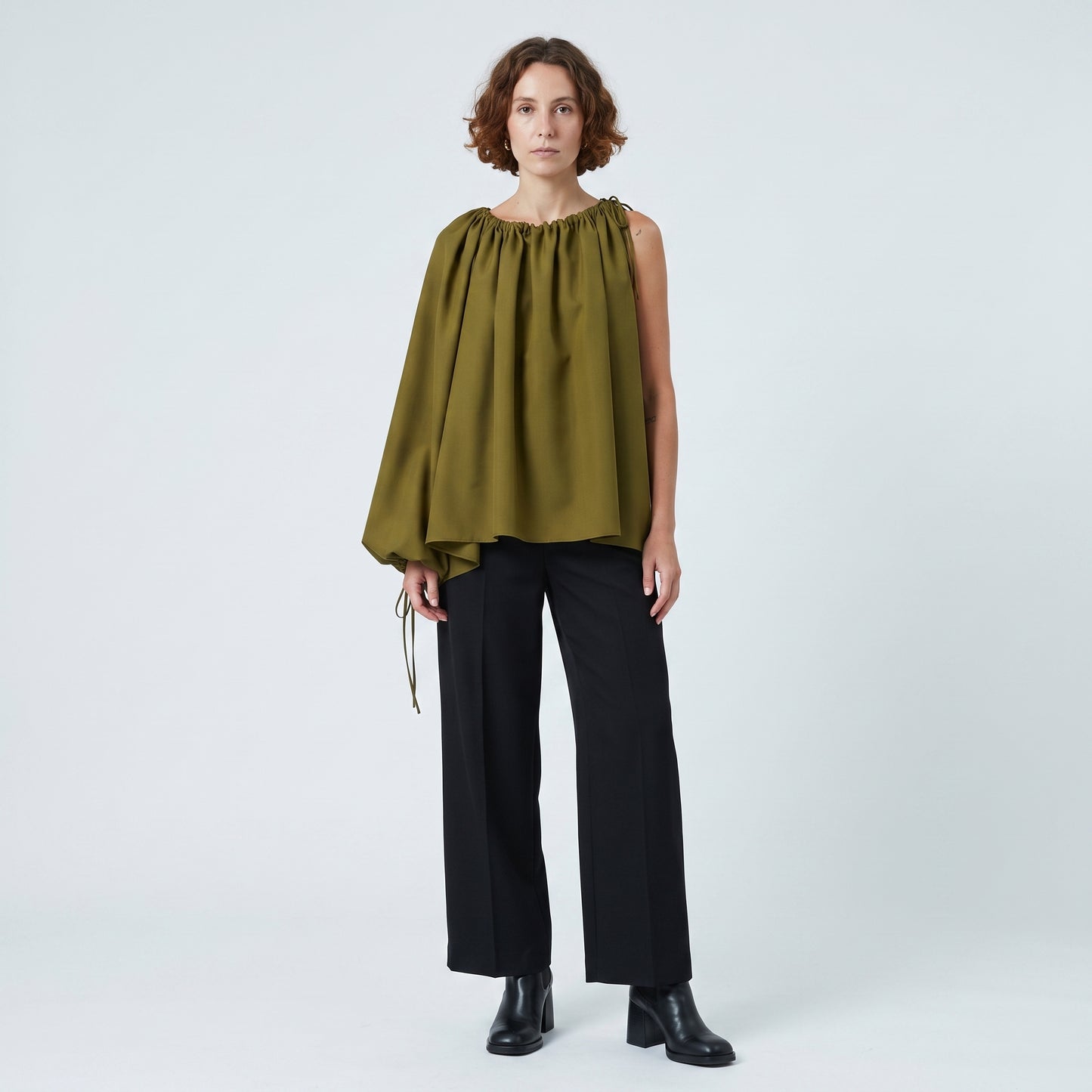 Olive Asymmetric Drape Blouse