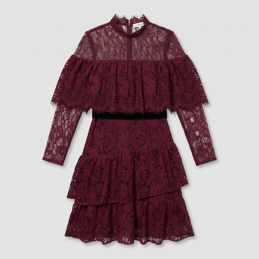 Burgundy Lace Ruffle Mini Dress