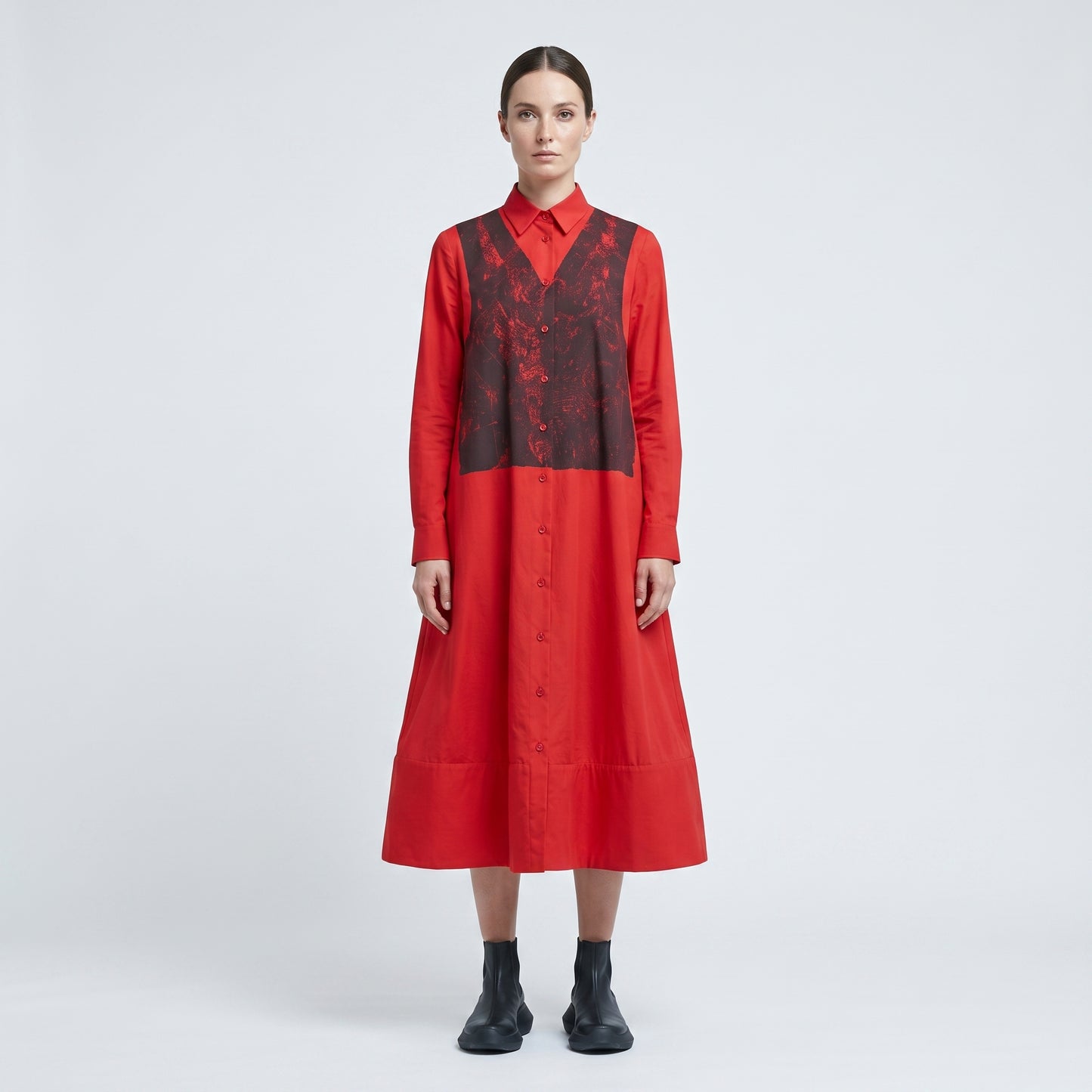 Red Printed Panel Shirt Dress