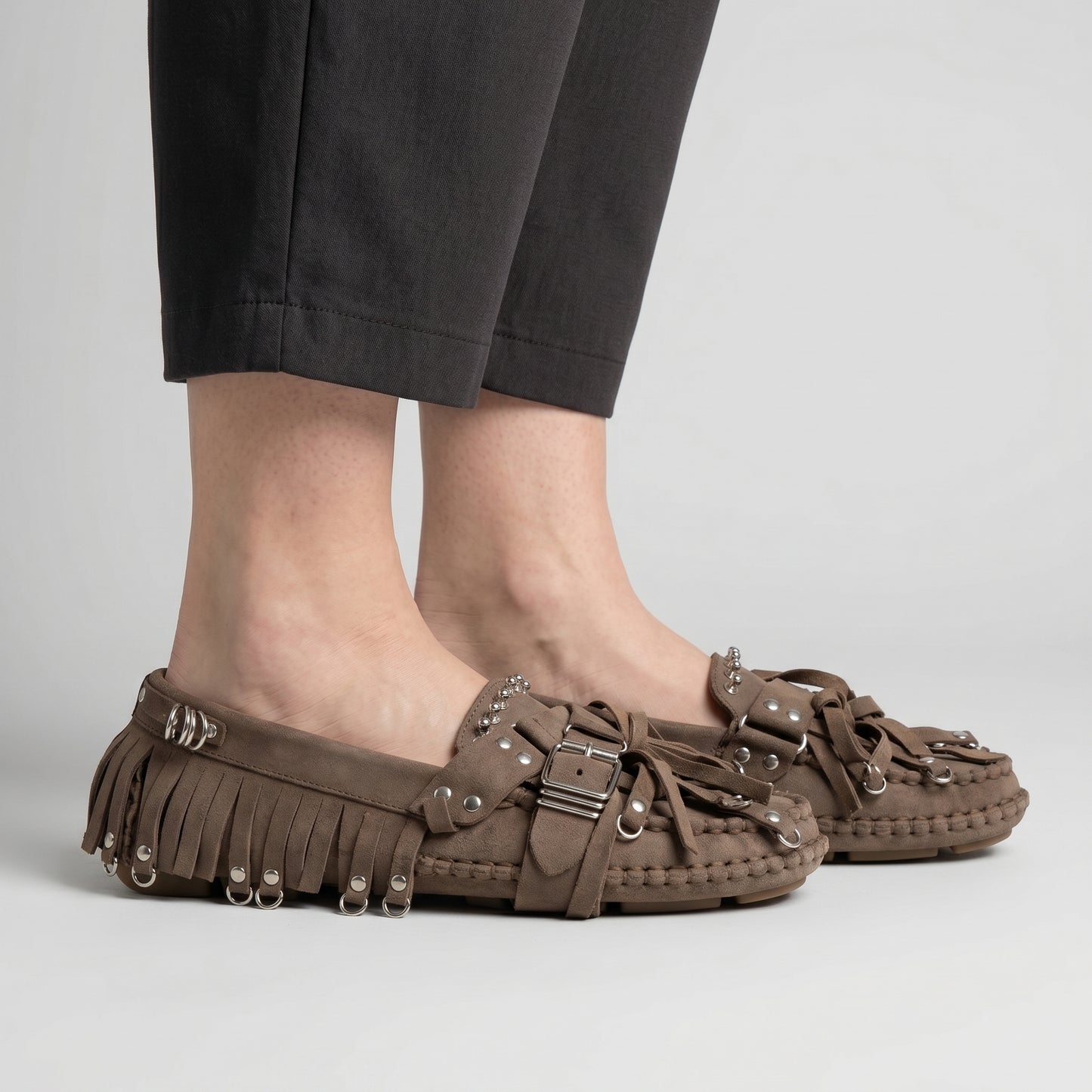 Studded Fringed Suede Loafers