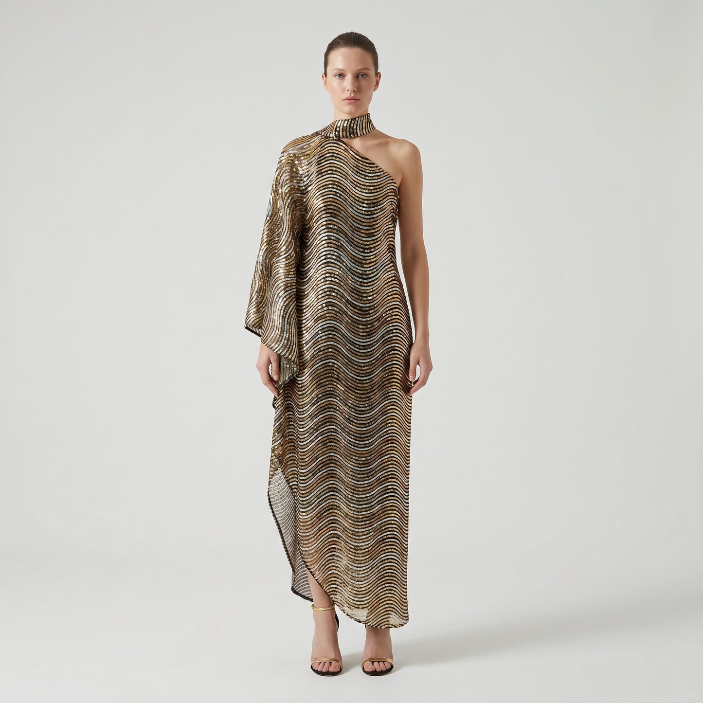Sequined One-Shoulder Evening Gown