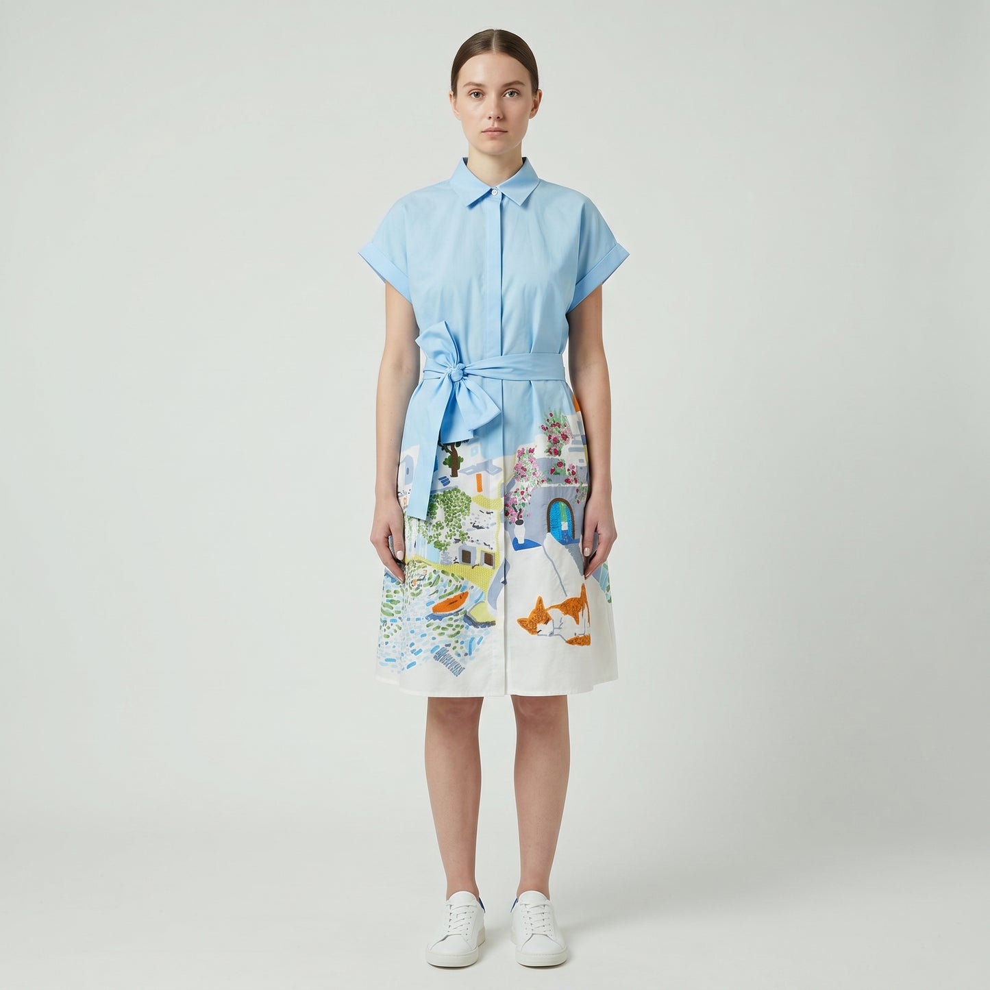 Illustrated Cotton Belted Shirtdress