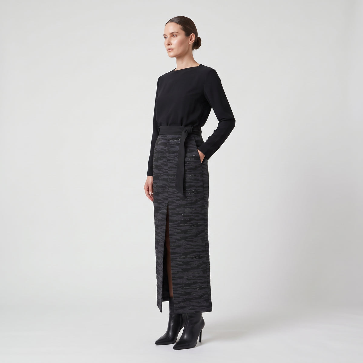 Bow-Detailed Midnight Jacquard Skirt