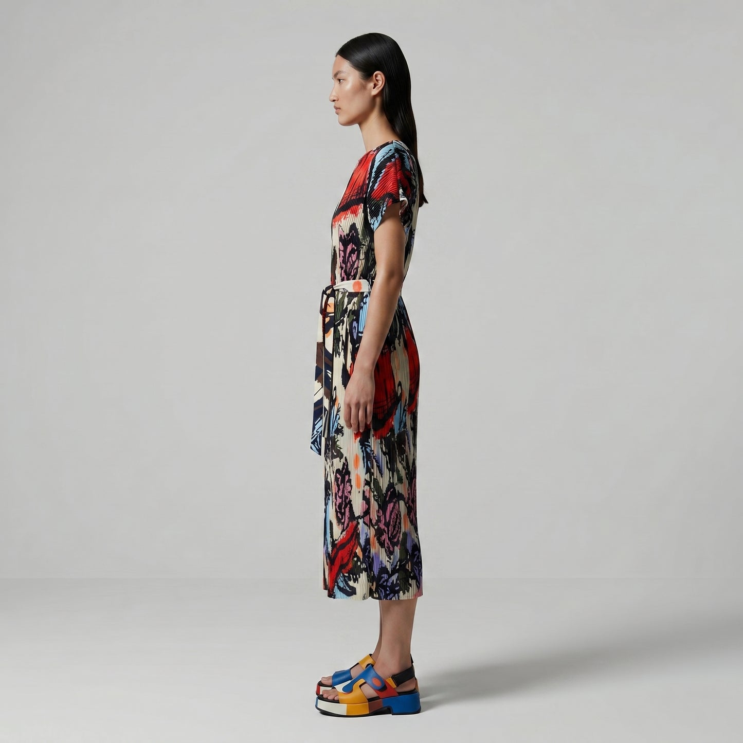 Abstract Floral Pleated Midi Dress