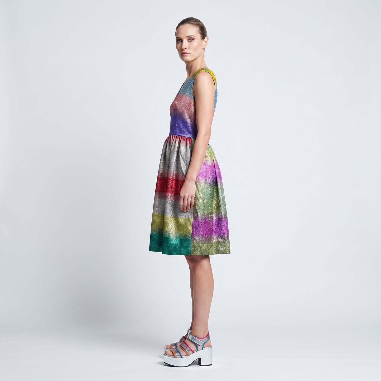 Metallic Rainbow Pleated Dress