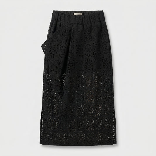 Elegant Black Eyelet Midi Skirt