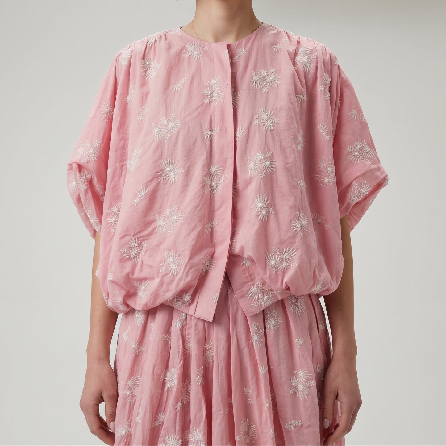 Embroidered Pink Bubble Hem Top