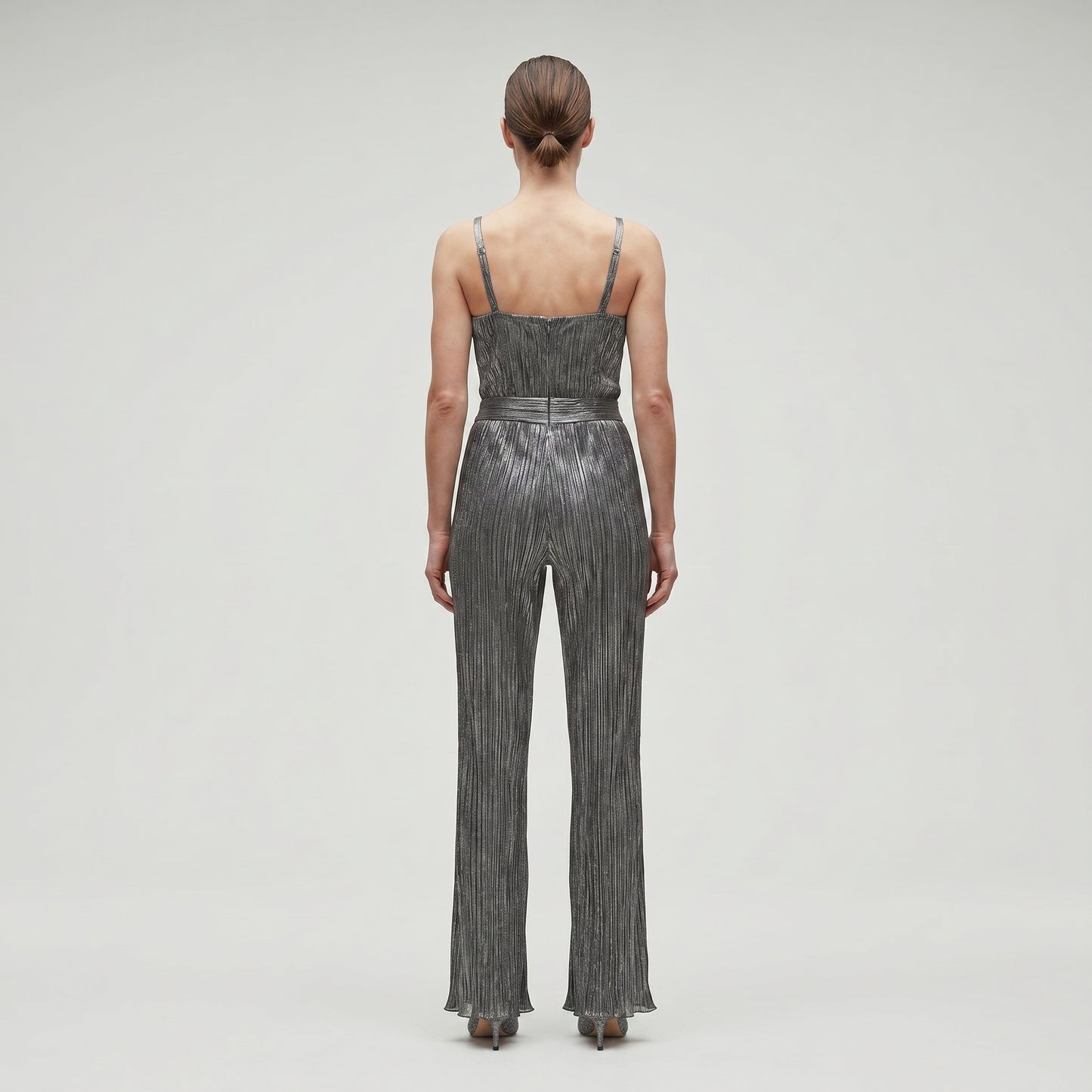 Metallic Pleated Flared Trousers
