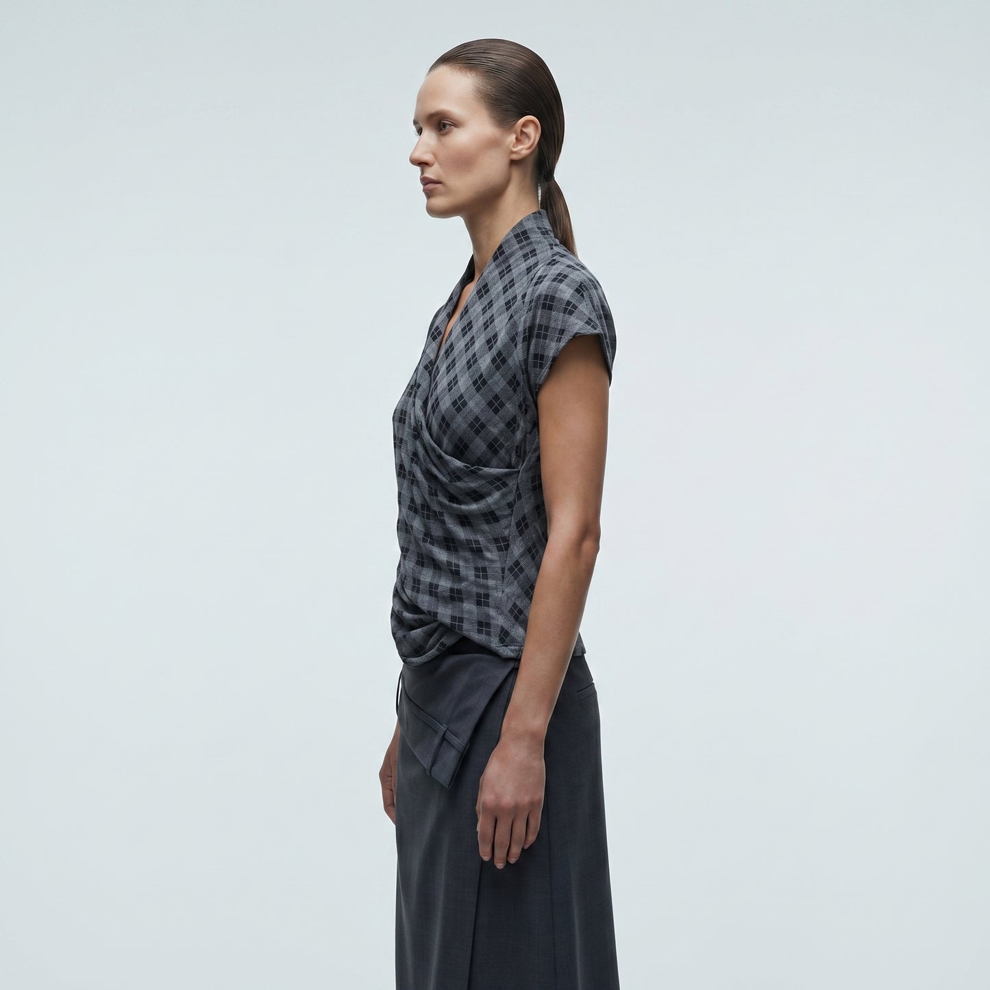Grey Checked Draped Wrap Top