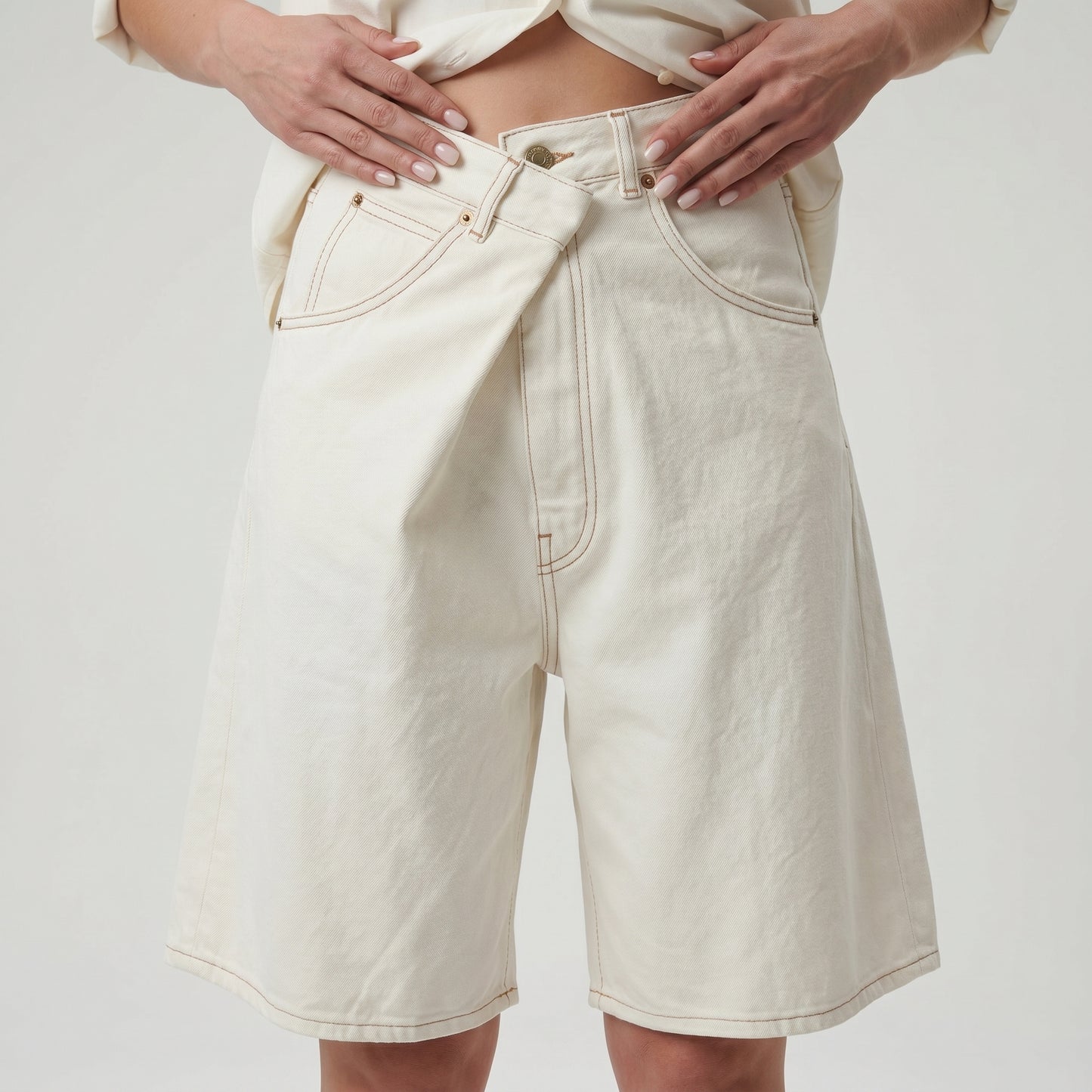 Asymmetric Off-White Denim Shorts