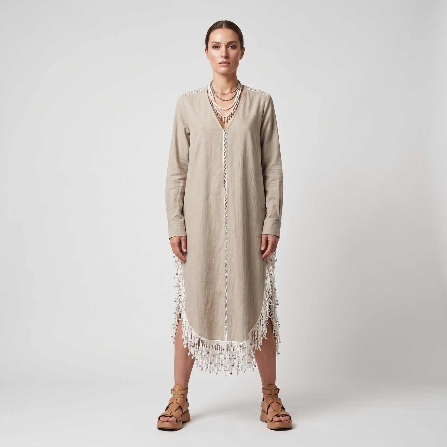 Fringed V-Neck Cotton Tunic